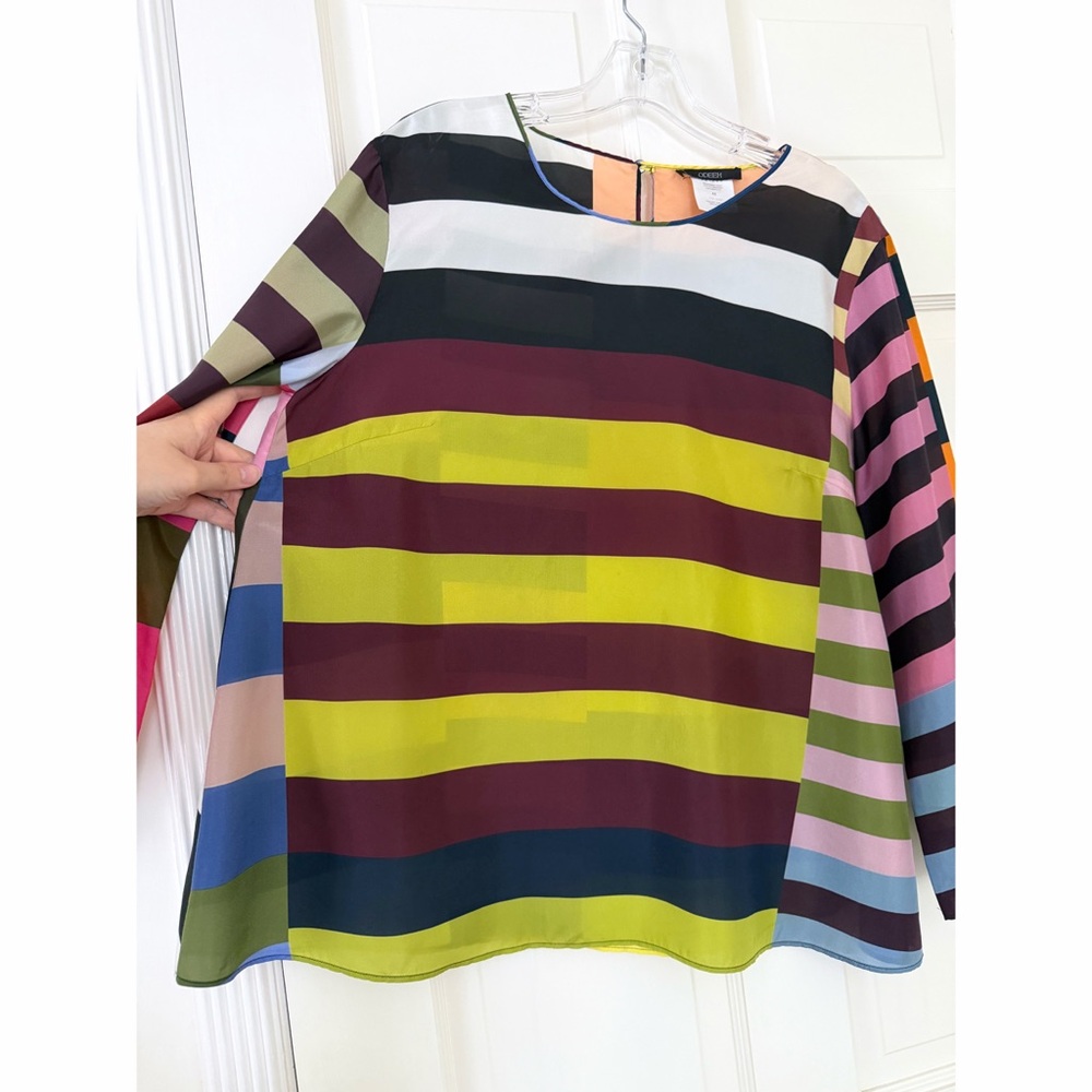 Odeeh Colorful Rainbow Stripe Silk Top Blouse Colorblock Patchwork Rugby 42 - Picture 5 of 16